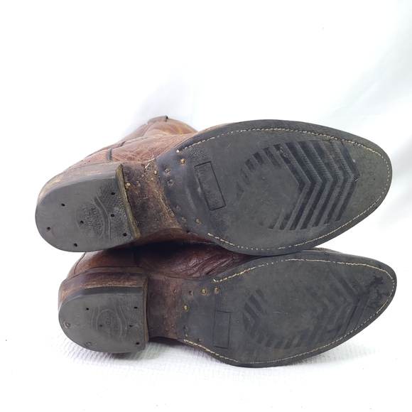 Justin Western Boots Ostrich Quill Snake Brown Leather Pull On Cowboy Shoes 8.5D - Picture 11 of 11